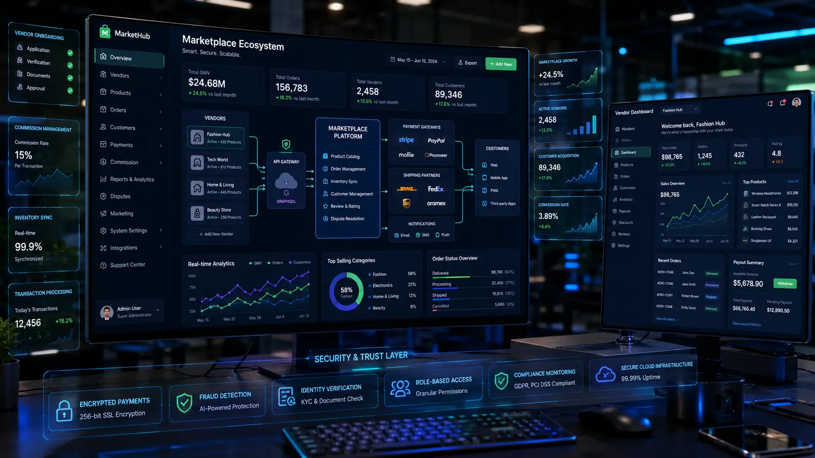 Multi-vendor marketplace architecture showing payment processing, vendor dashboards, order management, and scalable eCommerce infrastructure.
