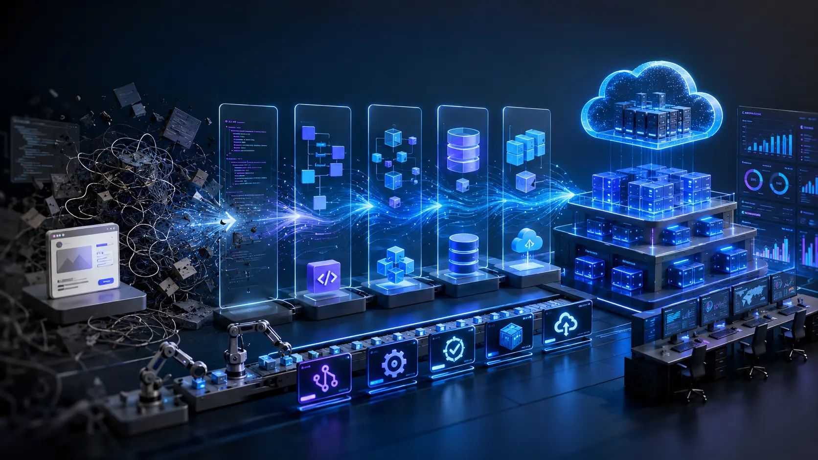 MVP to production transition showing code refactoring, scalability improvements, and technical debt reduction in a modern cloud development environment.