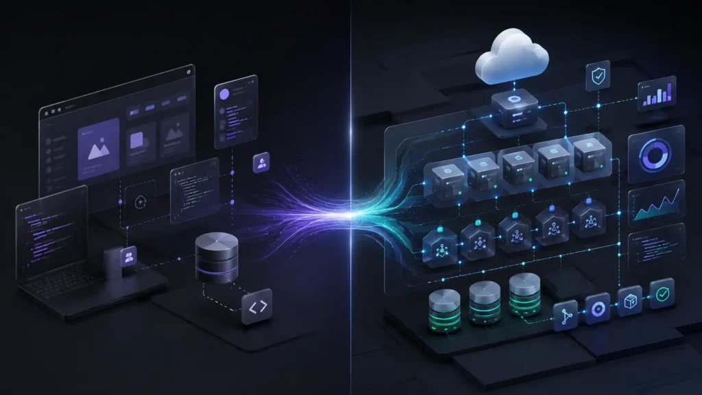 MVP to production refactoring flow showing prototype code architecture transforming into organized cloud microservice production system.