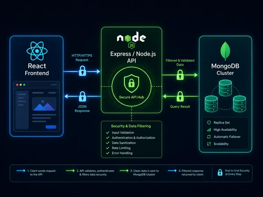 Backend Node.js API architecture handling secure database requests.