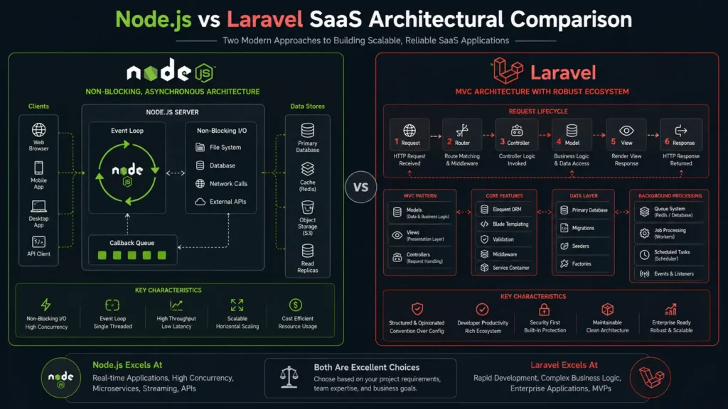 Node.js vs Laravel SaaS backend architecture comparison for modern web platforms.