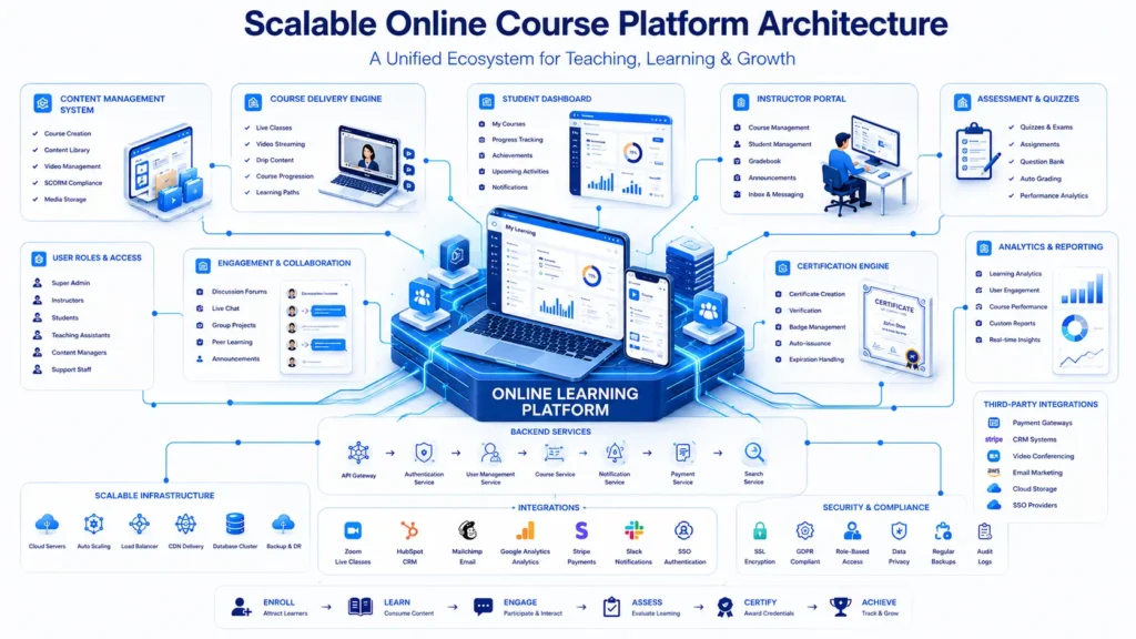 Custom LMS vs WordPress LMS enterprise online learning platform architecture showing course management, student engagement, analytics, and scalable infrastructure.