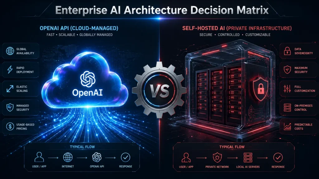 OpenAI API vs self-hosted AI models split-screen comparison showing cloud-managed gateway alongside a private enterprise server infrastructure.