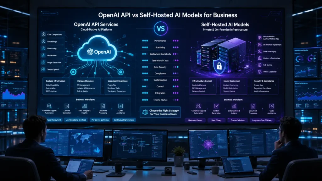 OpenAI API vs self-hosted AI models comparison showing cloud AI infrastructure, private deployments, business workflows, and enterprise decision-making.