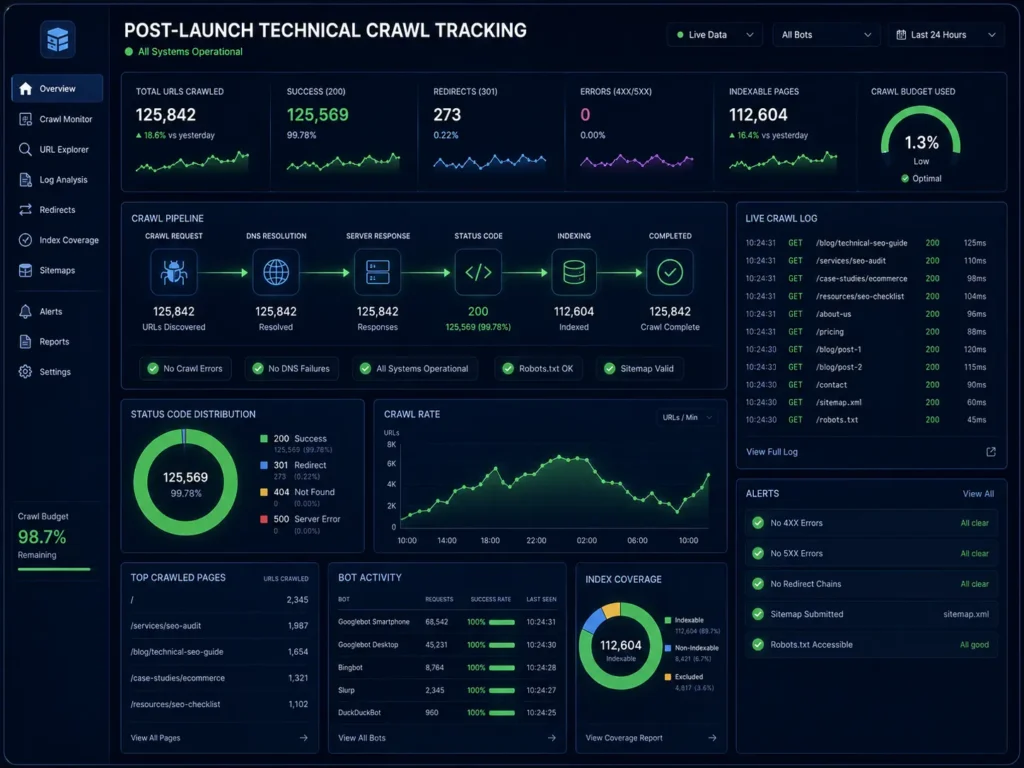 Data dashboard displaying live server logs mapping error-free code routing metrics post-launch.