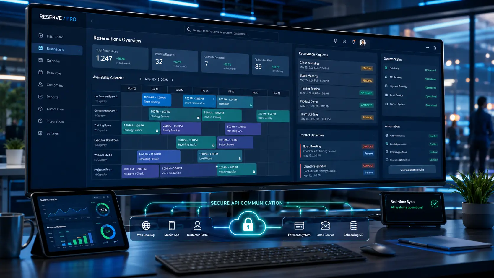 Custom reservation system displaying real-time availability management, booking validation, conflict prevention, and automated scheduling controls to prevent double bookings.