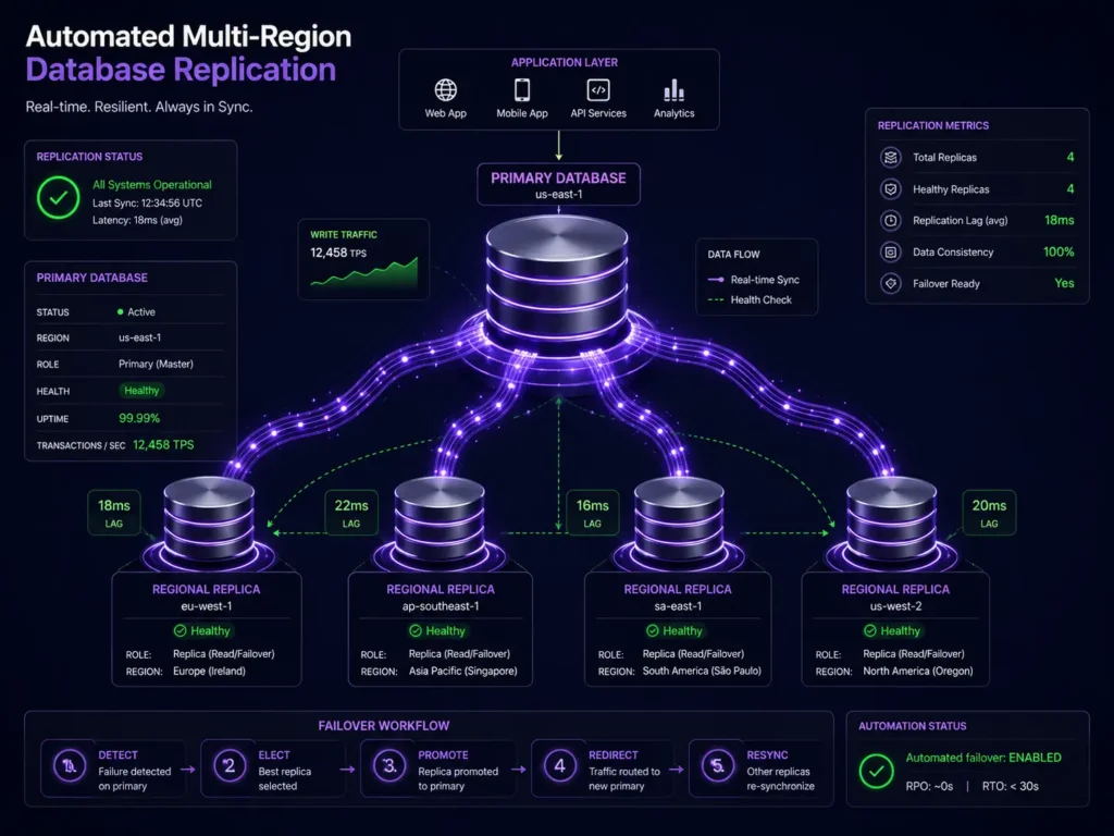 High-availability cloud infrastructure database replication diagram showing primary node syncing writes to replica nodes across multiple availability zones