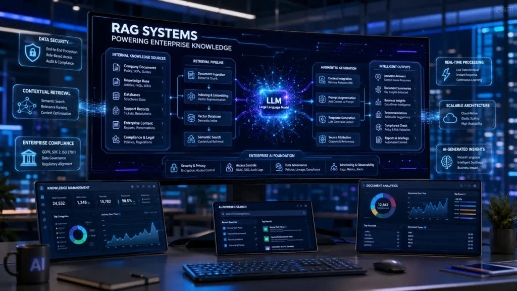 RAG system development architecture connecting AI models with internal business knowledge bases, enterprise documents, and secure information retrieval workflows.
