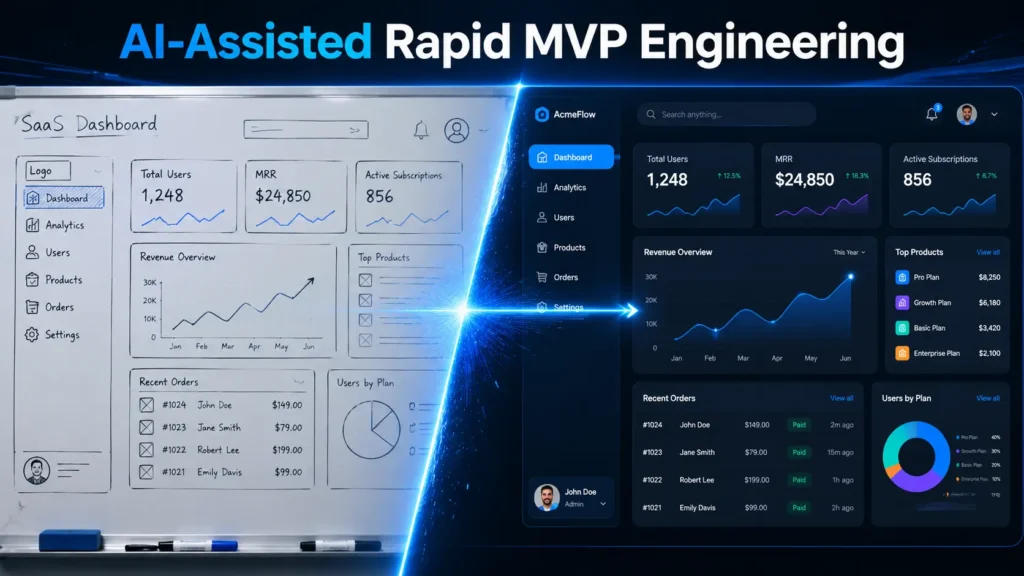 Split screen showing wireframes turning into live code for rapid MVP development services.