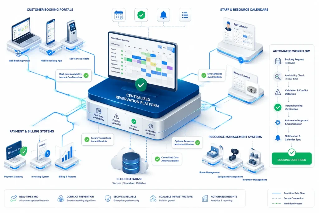High-tech illustration of a reservation system validating booking availability in real time to prevent double bookings and scheduling conflicts.