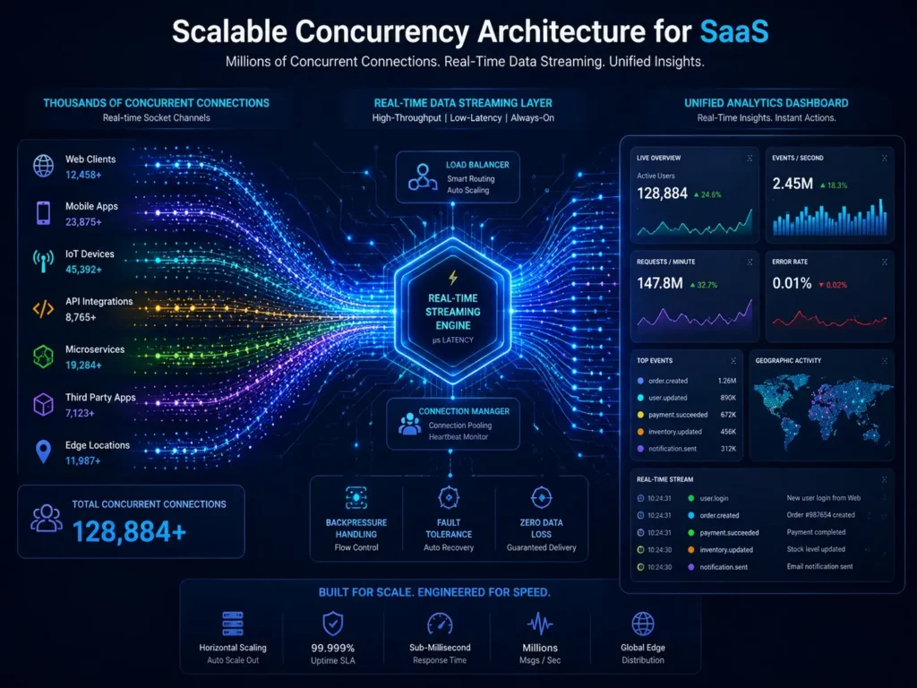 High tech visual layout depicting thousands of concurrent socket connection channels feeding data streams into a unified user interface dashboard.