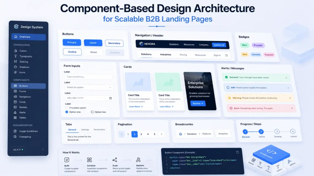 UI component library showing reusable web design elements including buttons, forms, and navigation bars for scalable B2B landing page development.