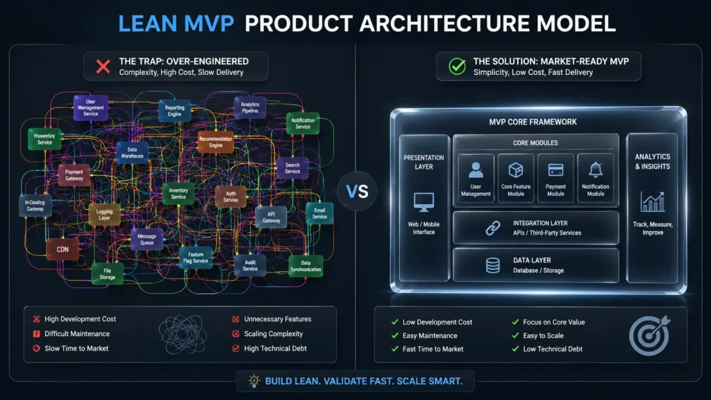 Build an MVP comparison showing a clean functional modular product prototype versus a tangled over-engineered software blueprint.