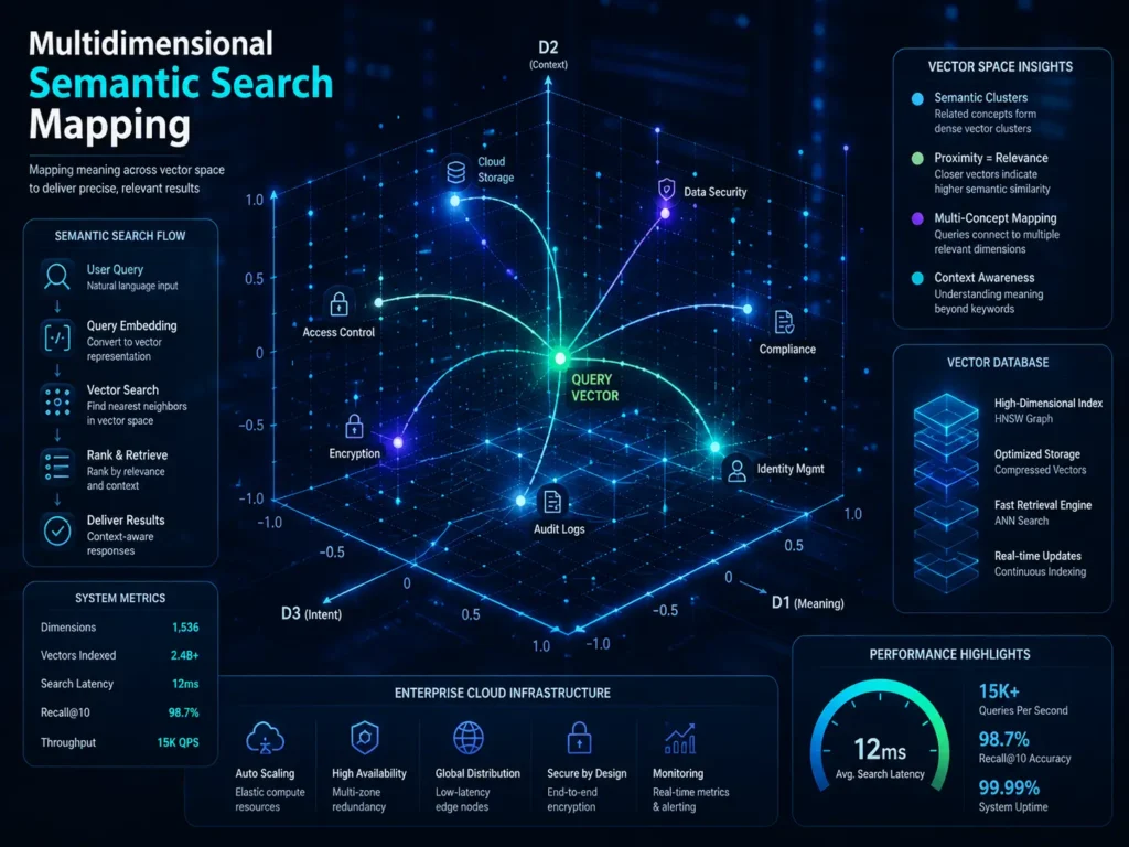 RAG system development vector database visualization showing semantic search coordinate mapping across enterprise knowledge base documents.