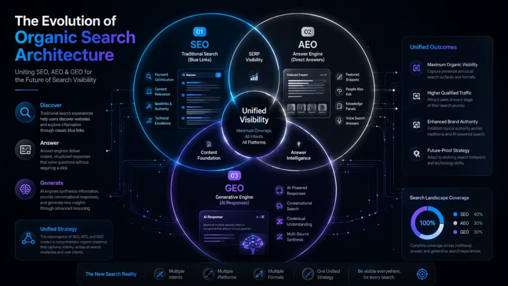 GEO vs SEO vs AEO comparison diagram connecting traditional search results, voice answer snippets, and generative AI search engines