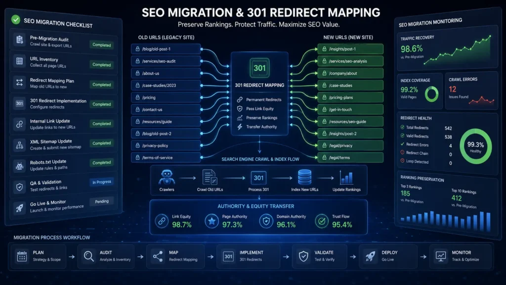 SEO migration checklist for 301 redirect mapping and preserving search rankings