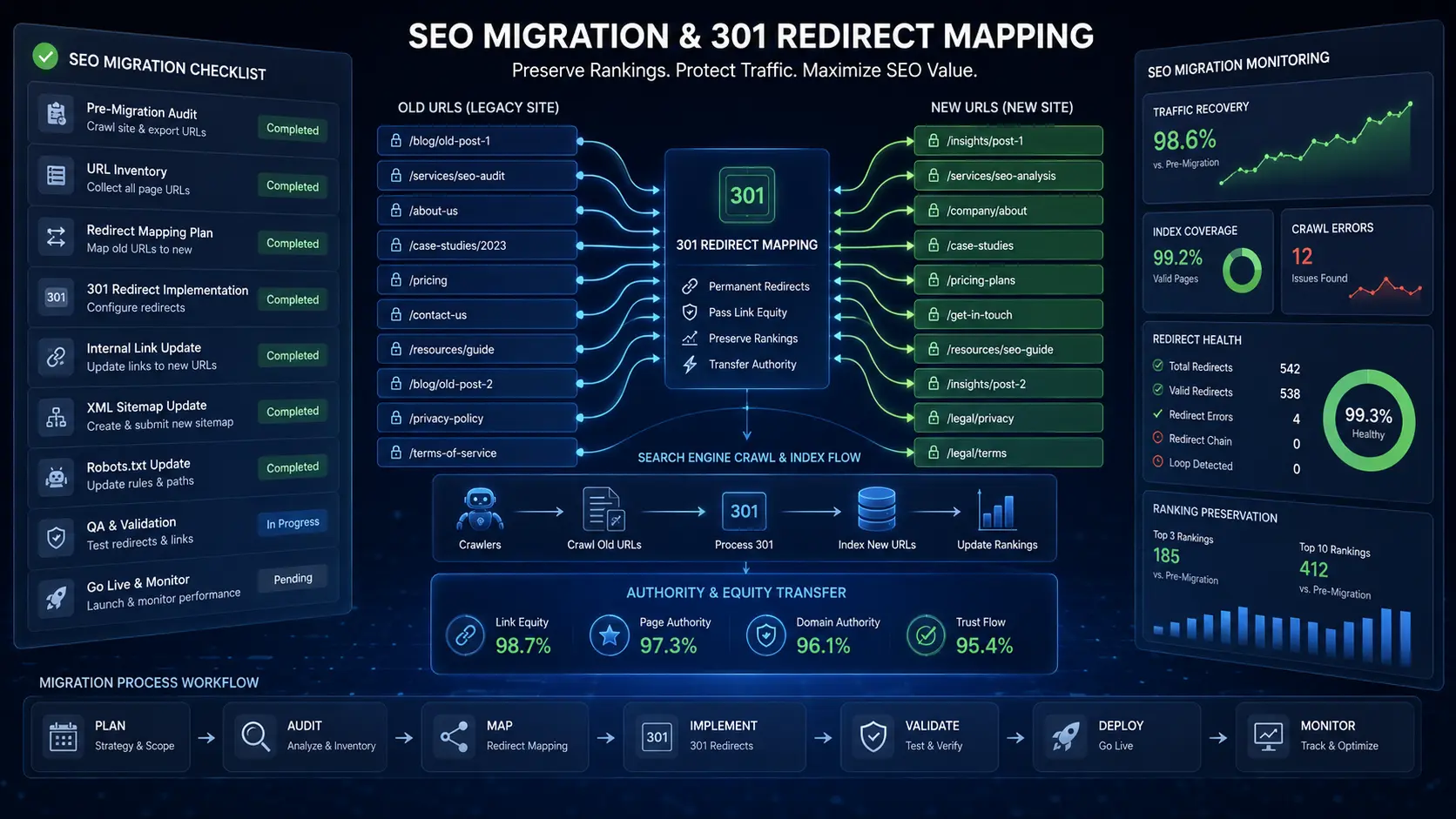 SEO migration checklist for 301 redirect mapping and preserving search rankings