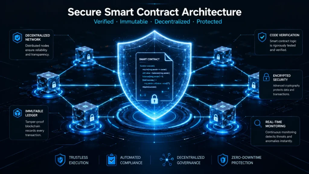 Smart contract security shield protecting decentralized blockchain node network architecture from vulnerabilities and exploits.
