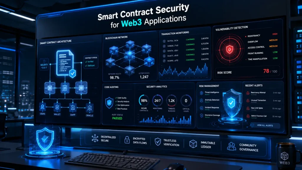Smart contract security architecture showing blockchain protection, vulnerability detection, code auditing, and Web3 risk management.