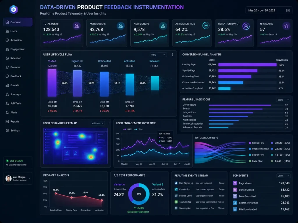 Build an MVP analytics dashboard tracking user lifecycle flow, activation conversion funnels, and feature usage to validate market assumptions.