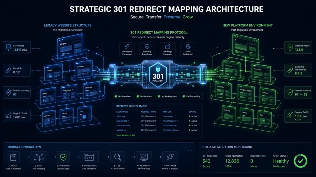 SEO migration checklist diagram showing 301 redirect mapping from old URLs to new site architecture