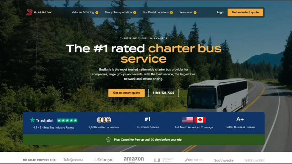 BusBank homepage showing the #1 rated charter bus service — large scale WordPress development by MarkupMarvel