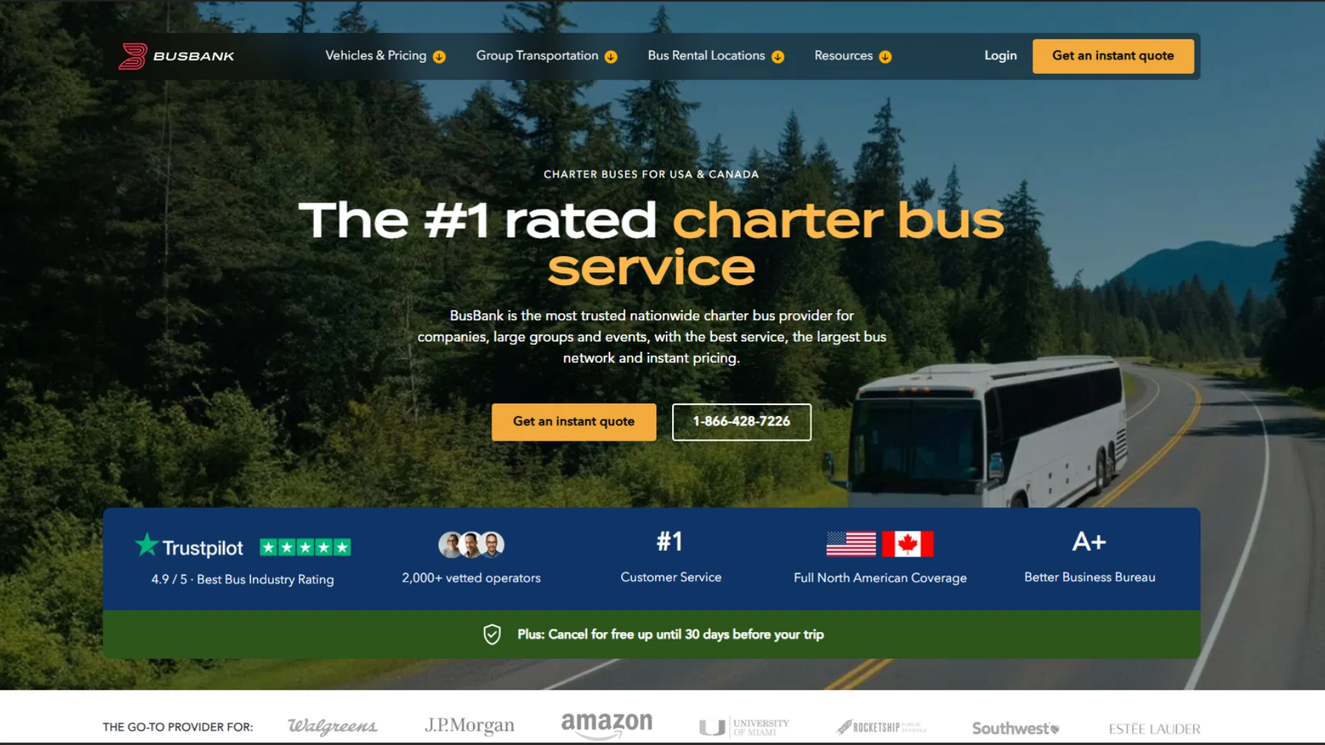 BusBank homepage showing the #1 rated charter bus service — large scale WordPress development by MarkupMarvel