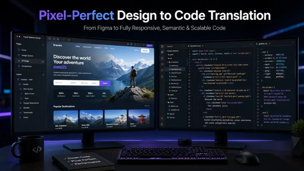 Dual monitor setup showing a complex Figma UI design on the left and pixel-perfect HTML/CSS code on the right.