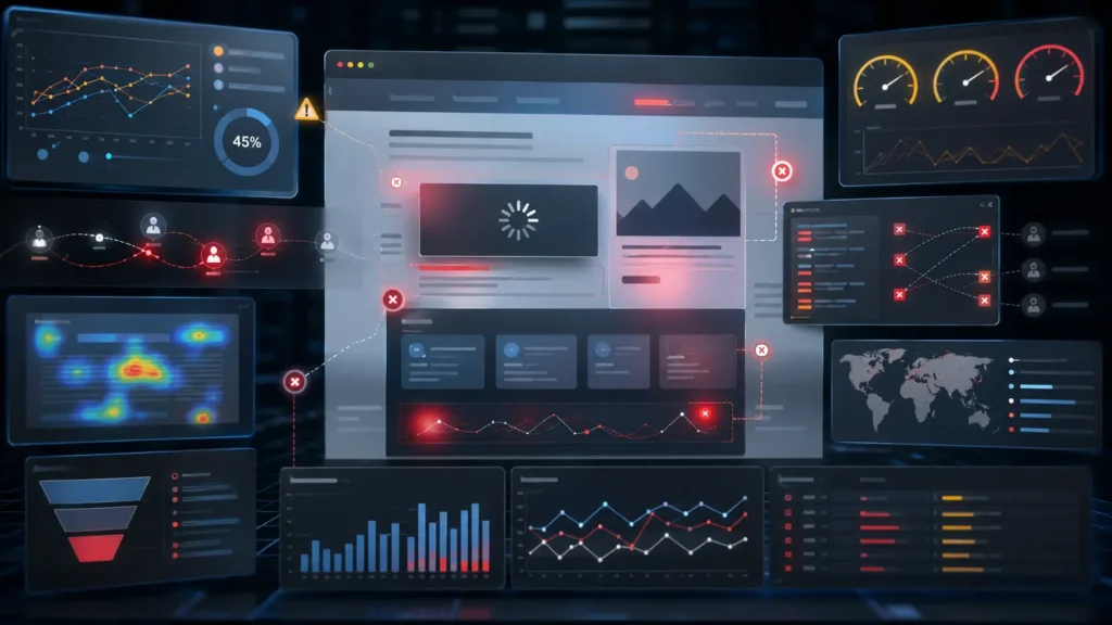 Website conversion failure analysis showing UX problems, slow loading speed, unclear messaging, and broken tracking affecting user behavior and conversions.