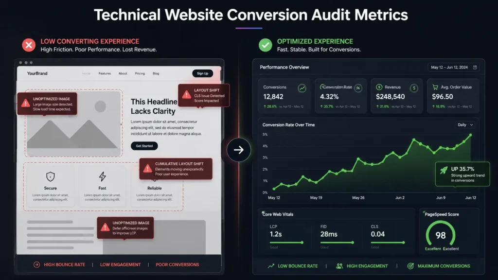 Website fails to convert — split-screen showing a low-converting interface with error markers versus an optimized conversion growth chart.