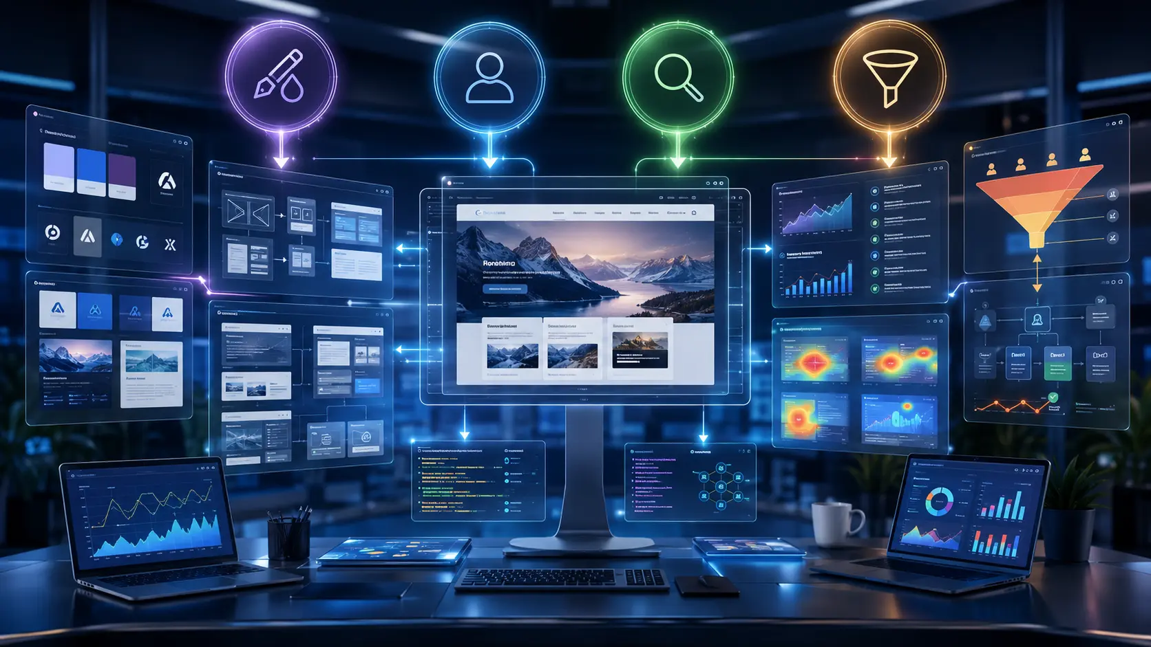 Website redesign for ROI showing brand identity, user experience, SEO performance, and conversion optimization working together to maximize business growth.