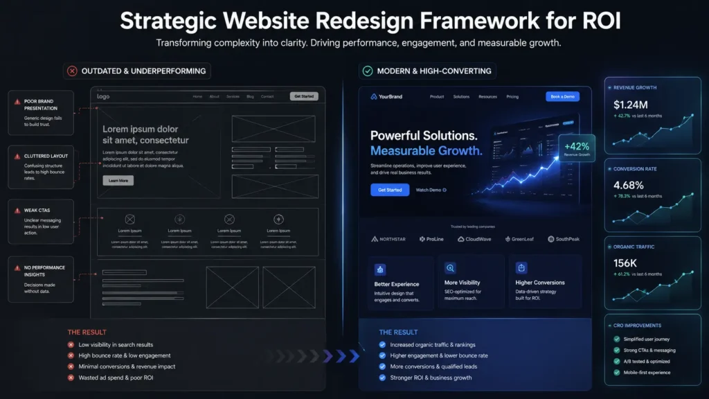 Website redesign for ROI — split-screen showing an outdated low-converting wireframe on the left versus a modern high-conversion interface with positive ROI growth metrics on the right.