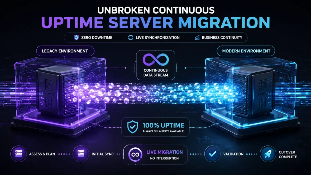 Abstract technical illustration showing parallel cloud servers executing an active unbroken data packet stream during a zero-downtime website migration