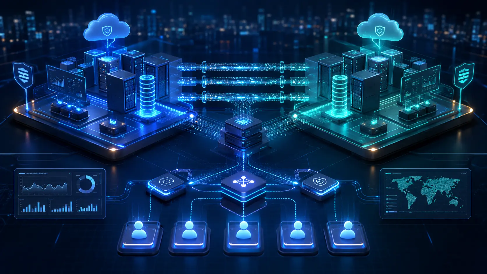 Visualization of zero-downtime website migration showing seamless platform transfer, load balancing, DNS switching, and continuous availability during infrastructure updates